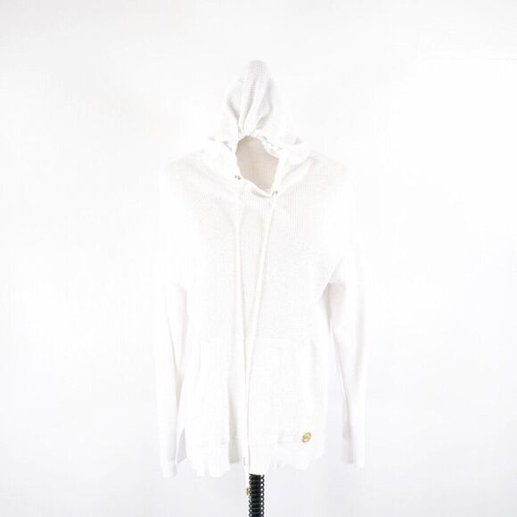 Michael Kors White Waffle Knit Hooded‎ Sweater Large Cotton Blend - Picture 1 of 9